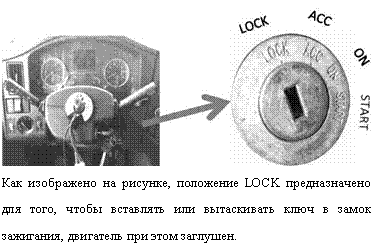 Подпись: 
Как изображено на рисунке, положение LOCK предназначено для того, чтобы вставлять или вытаскивать ключ в замок зажигания, двигатель при этом заглушен.
