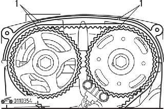 Совмещение установочных меток (1) с указателями на двигателях DOHC