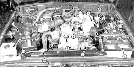2.3 Расположение агрегатов в моторном отсеке Toyota Land Cruiser